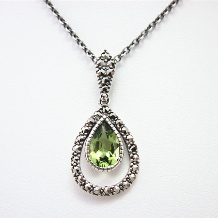 Peridot Teardrop Pendant with Marcasite - Click Image to Close